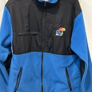 Kansas University Jayhawks Full Zip fleece Jacket, L. Blue and Black with logo.